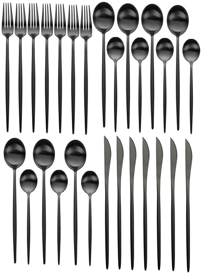 ستار ورك أدوات مائدة سوداء من الفولاذ المقاوم للصدأ من ستار وورك، شوك وملاعق فضية للمنزل والمطبخ والمطاعم والفنادق، أدوات مطبخ سوداء غير لامعة بلمسة نهائية مصقولة/آمنة للغسل في غسالة الأطباق (عبوة من 28 قطعة) - Image 1